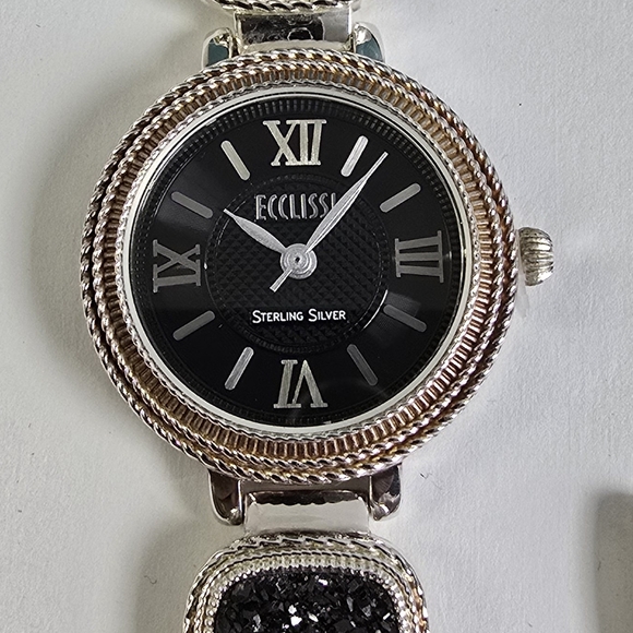 Ecclissi Sterling Silver Quartz Watch Black Druzy Accents + Extra Links - Picture 5 of 16